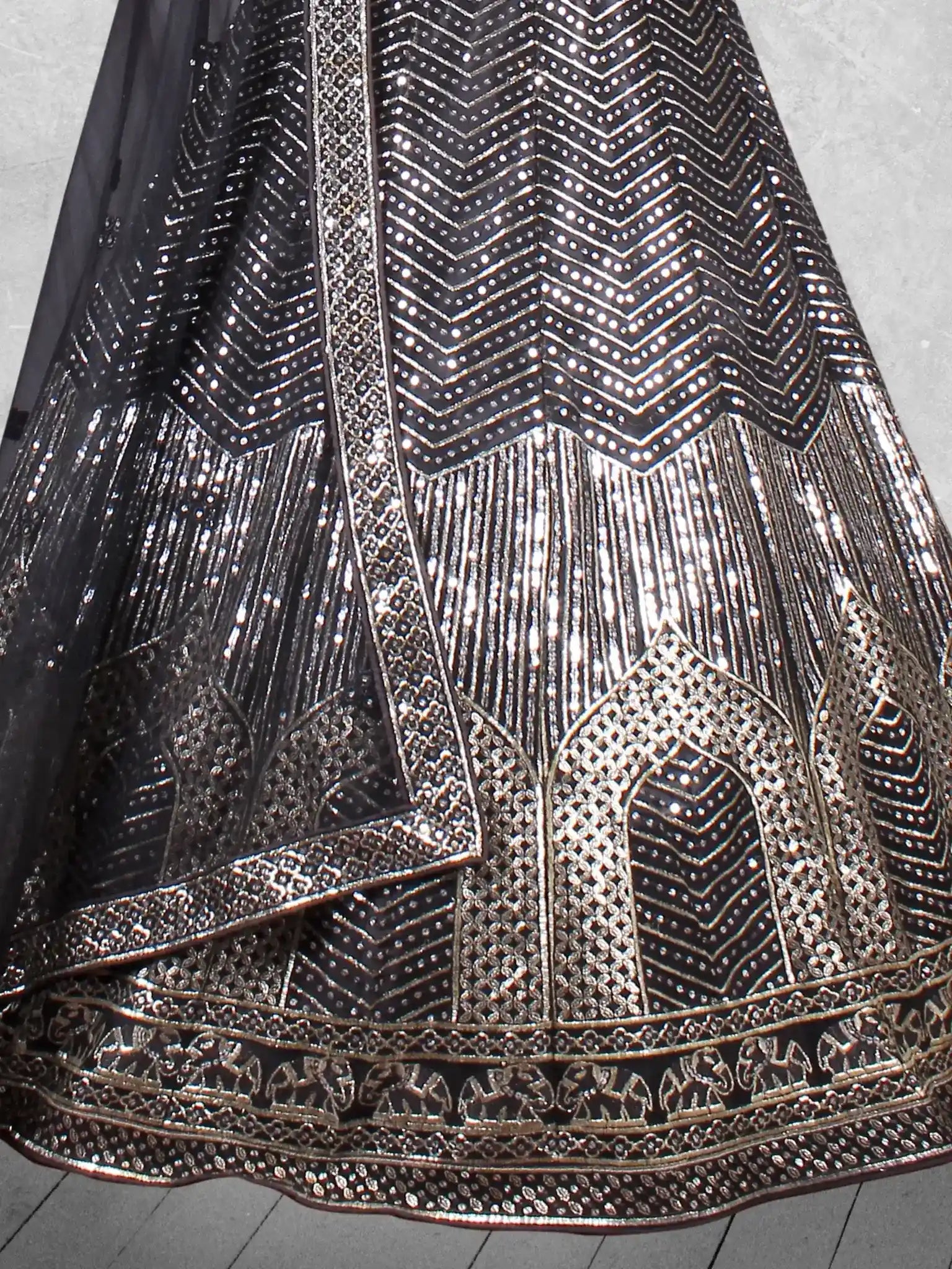 Black Zari & Sequin Chevron Embroidered Net Semi-Stitched Wedding Lehenga Choli - Detail View 2