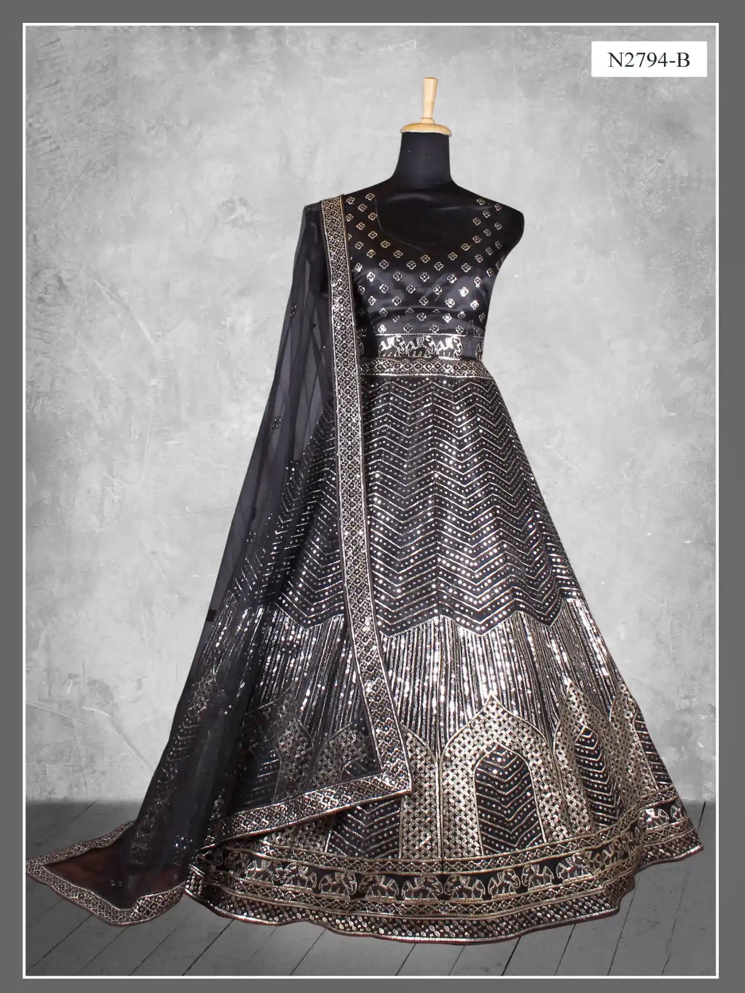 Black Zari & Sequin Chevron Embroidered Net Semi-Stitched Wedding Lehenga Choli - Fabric Close-up