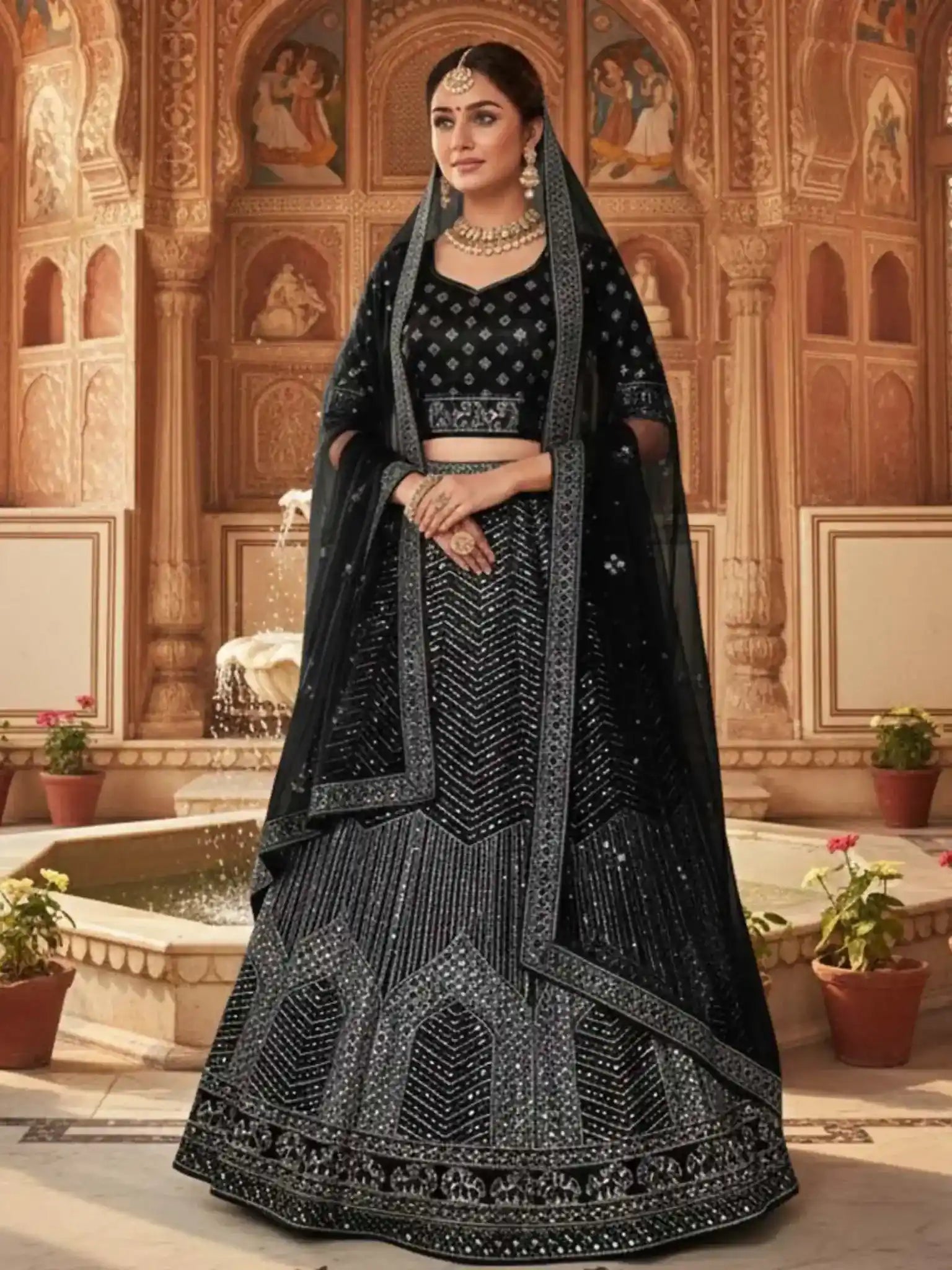Black Zari & Sequin Chevron Embroidered Net Semi-Stitched Wedding Lehenga Choli - Front View