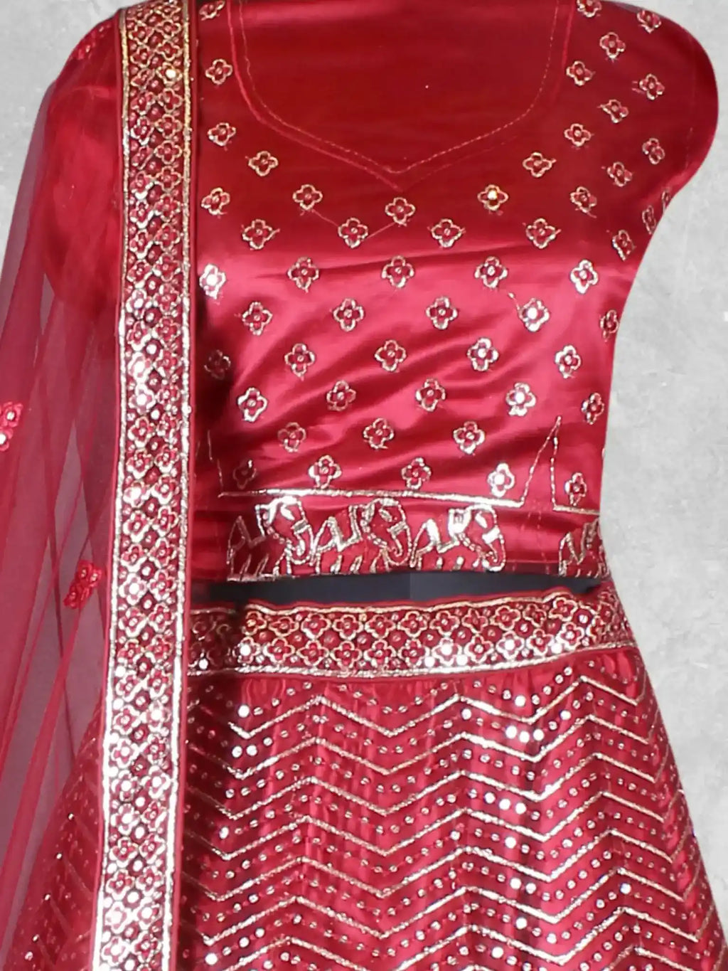 Maroon Zari & Sequin Embroidered Net Semi-Stitched Brides Lehenga Choli - Detail View 1