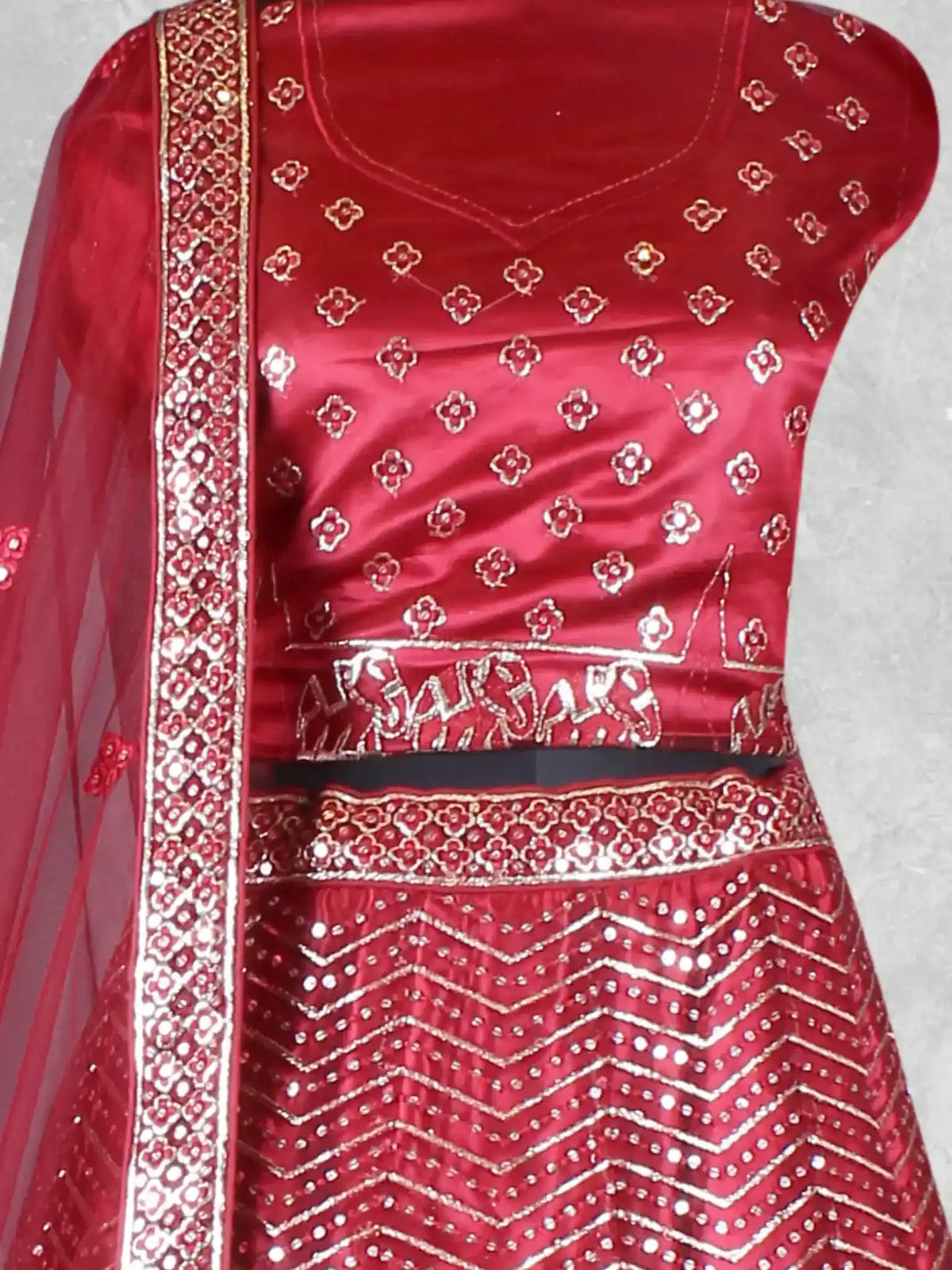 Maroon Zari & Sequin Embroidered Net Semi-Stitched Brides Lehenga Choli - Detail View 1