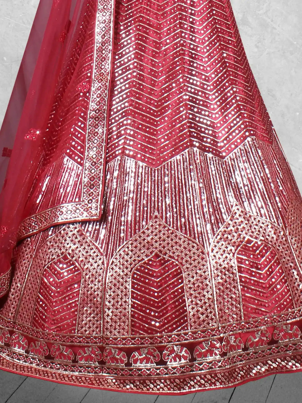Maroon Zari & Sequin Embroidered Net Semi-Stitched Brides Lehenga Choli - Detail View 2