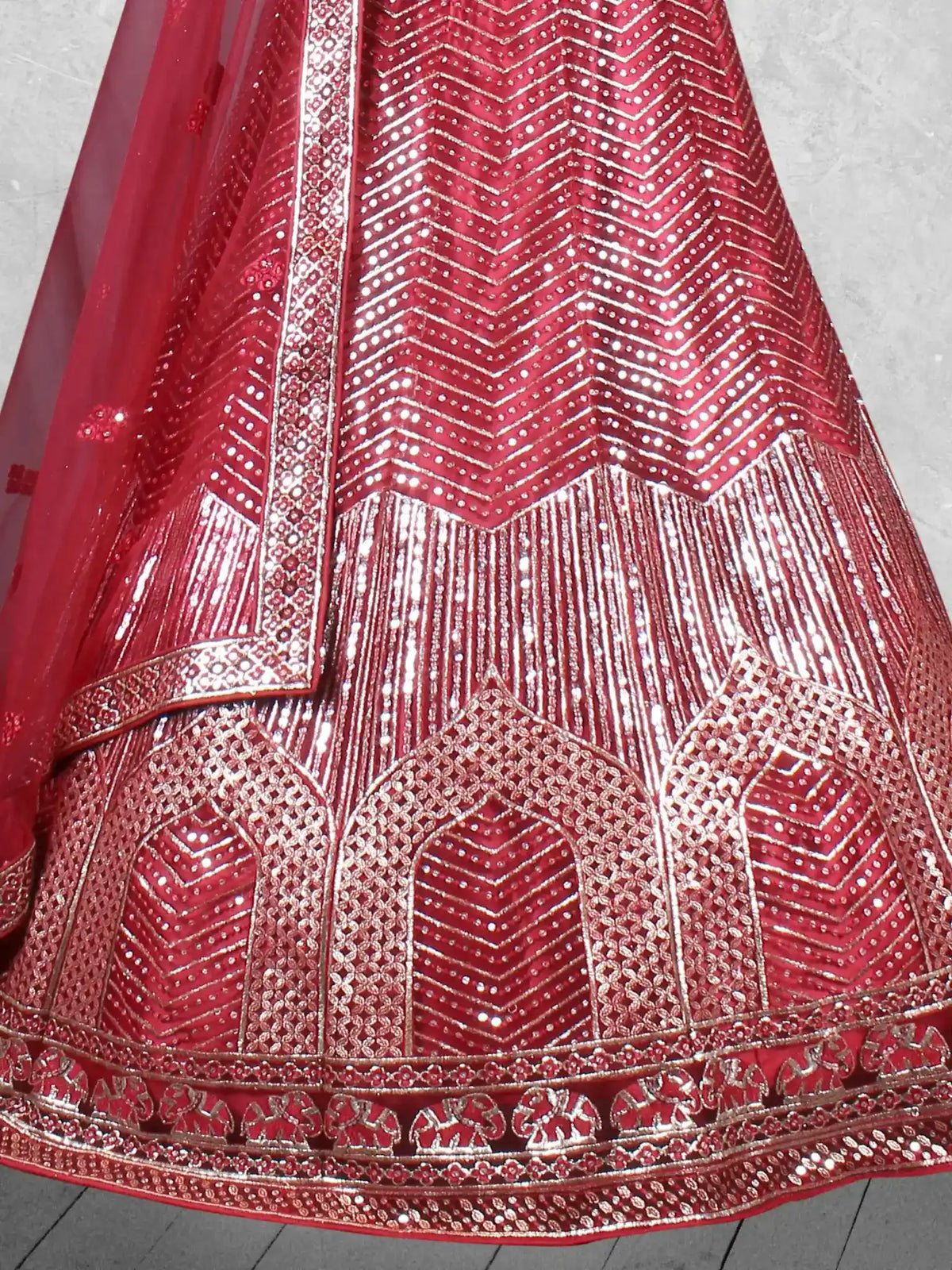 Maroon Zari & Sequin Embroidered Net Semi-Stitched Brides Lehenga Choli - Detail View 2