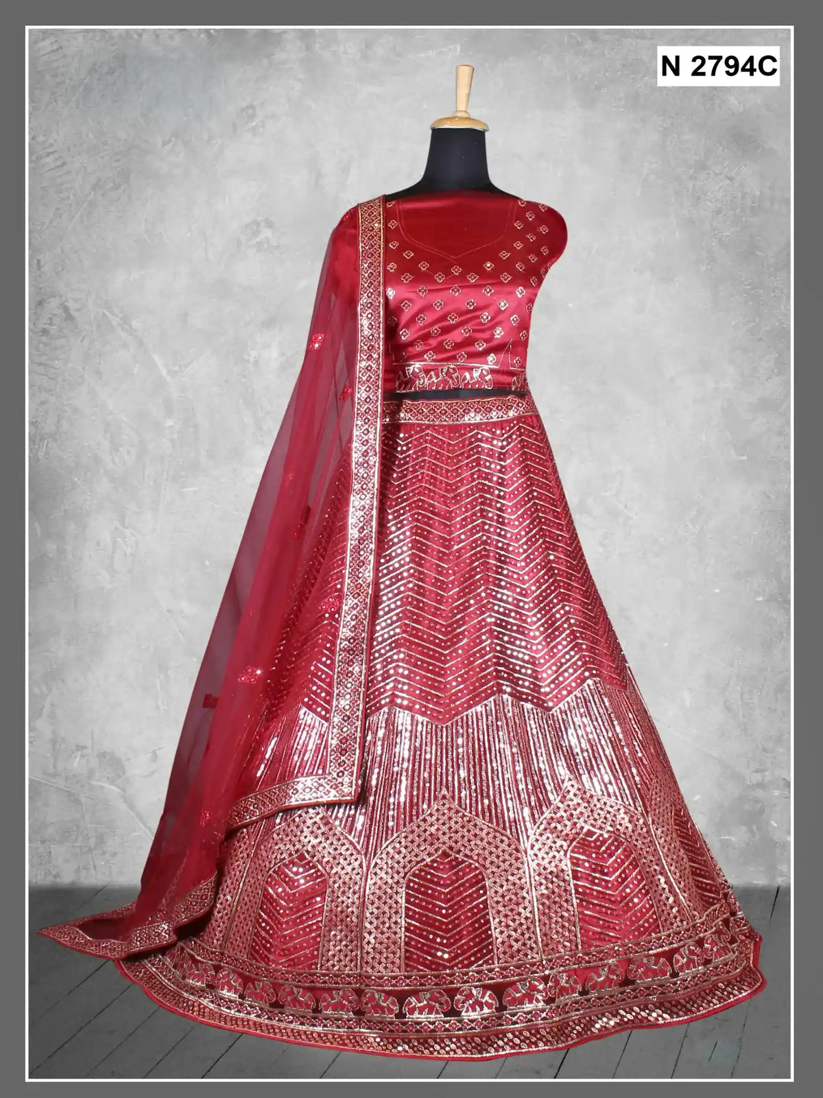 Maroon Zari & Sequin Embroidered Net Semi-Stitched Brides Lehenga Choli - Fabric Close-up
