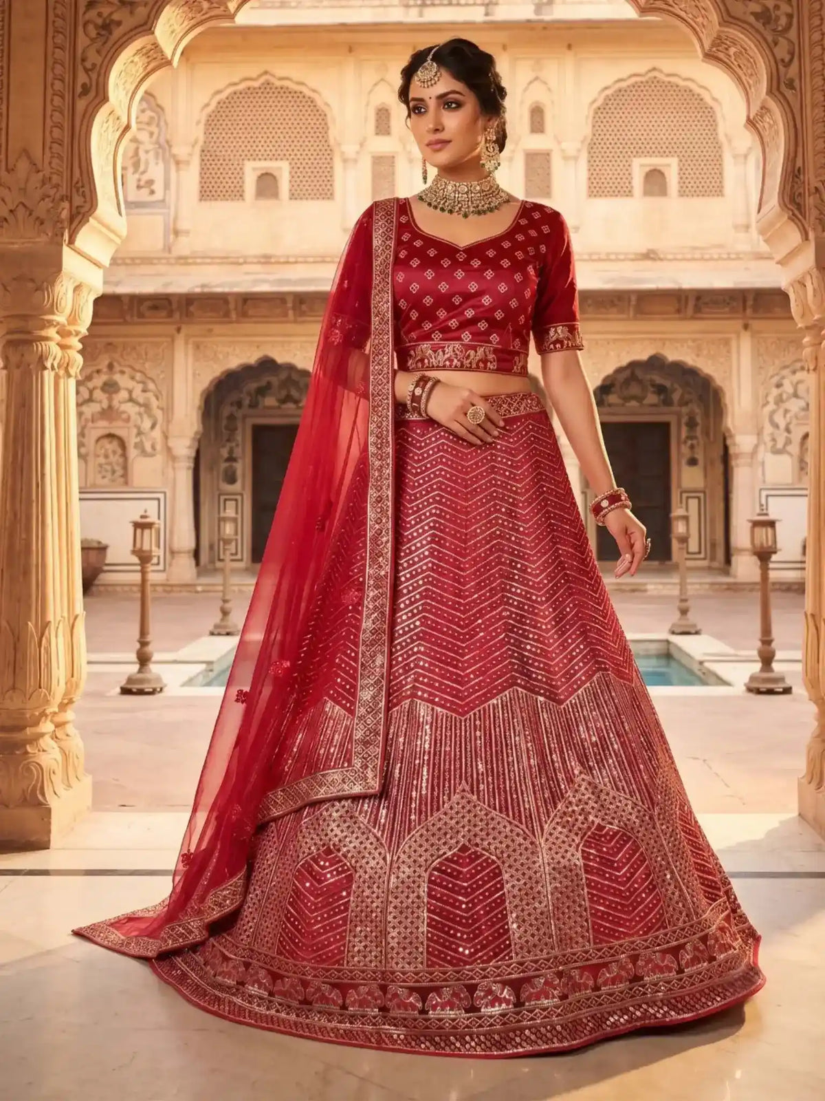 Maroon Zari & Sequin Embroidered Net Semi-Stitched Brides Lehenga Choli - Front View
