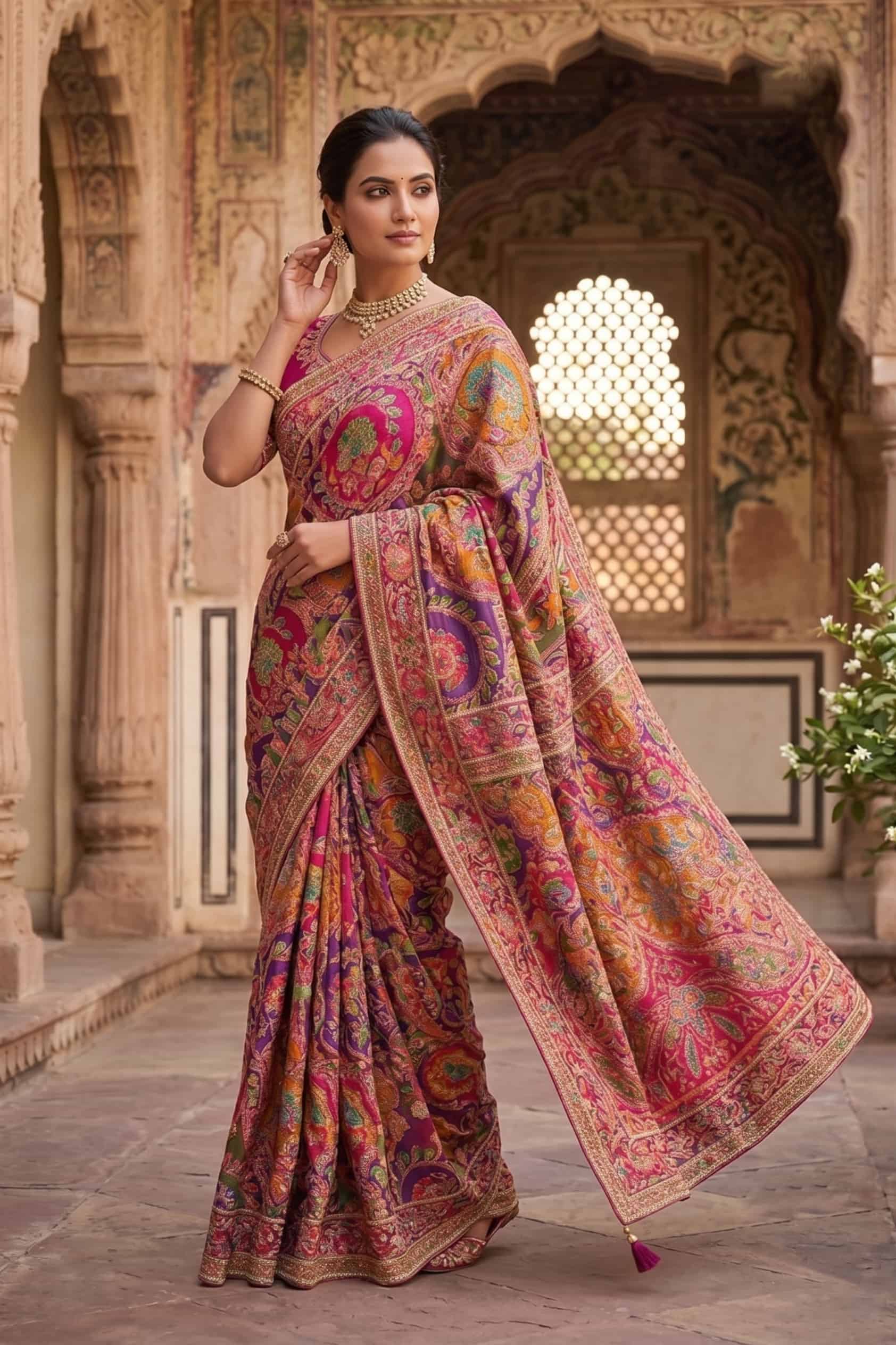 Multicolor Pink Natural Crepe Aajari Hand Work Premium Wedding Saree with Magenta Pink Unstitched Blouse