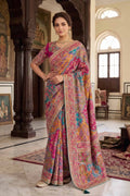Multicolor Teal Blue Natural Crepe Aajari Hand Work Premium Wedding Saree with Magenta Pink Unstitched Blouse