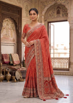 Rust Orange Pure Modal Satin Premium Aajari Hand Work Saree with Stitched Blouse