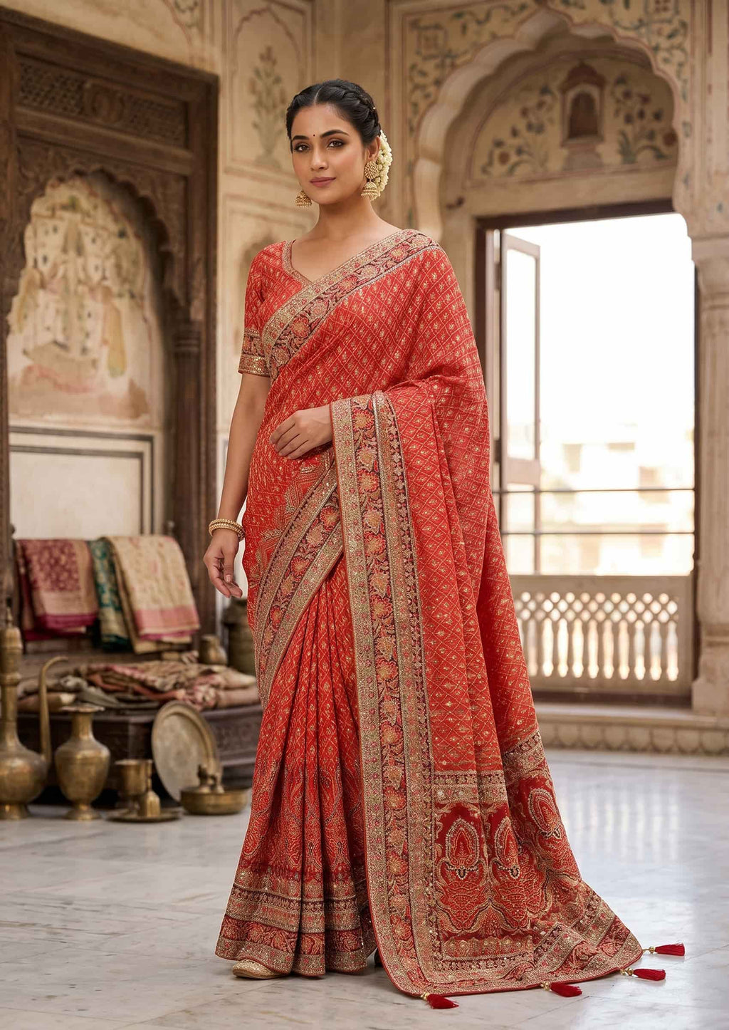Rust Orange Pure Modal Satin Premium Aajari Hand Work Wedding Saree with Stitched Blouse