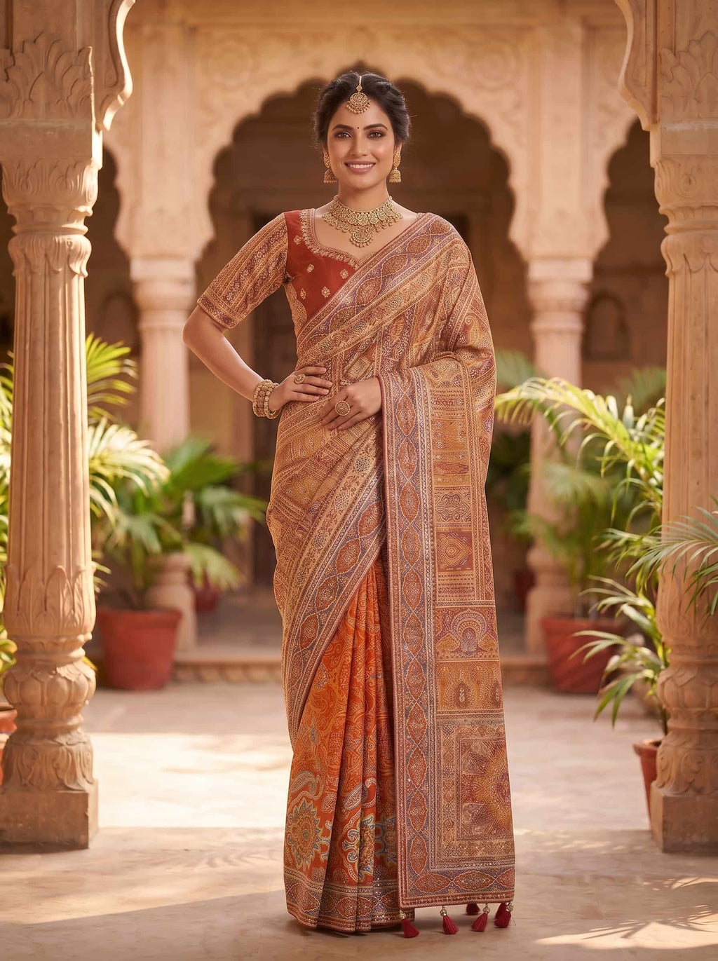 Mustard Brown Natural Crepe Aajari Hand Work Premium Saree with Unstitched Blouse