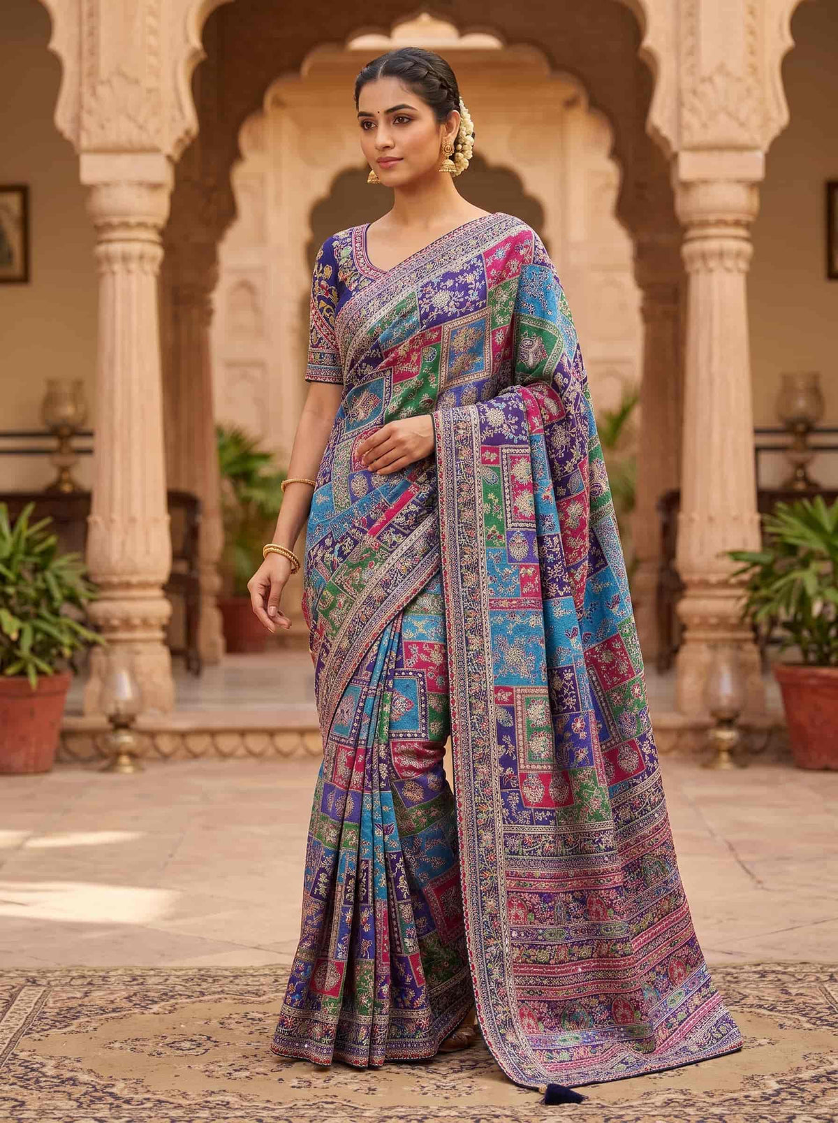 Royal Blue Multicolor Natural Crepe Aajari Hand Work Premium Wedding Saree with Royal Blue Unstitched Blouse