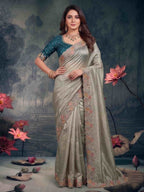 Sage Green Zari Tissue Silk Floral Embroidered Premium Saree with Unstitched Blouse