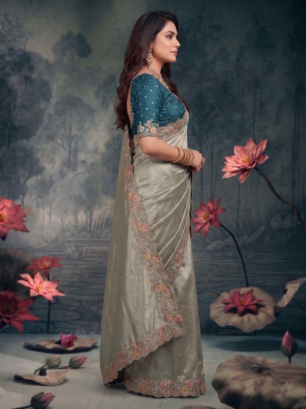Sage Green Zari Tissue Silk Floral Embroidered Premium Saree with Unstitched Blouse