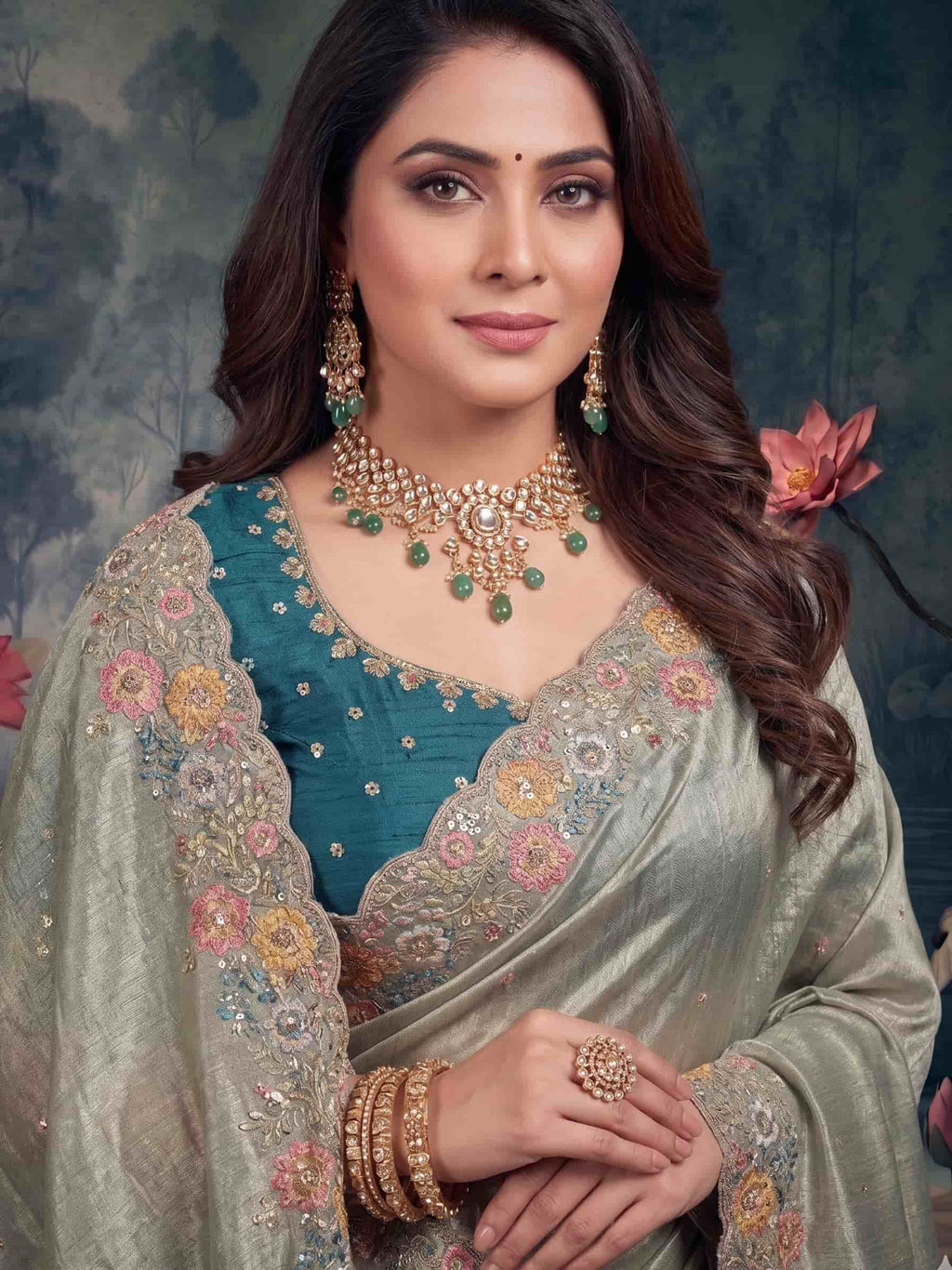 Sage Green Zari Tissue Silk Floral Embroidered Premium Saree with Unstitched Blouse