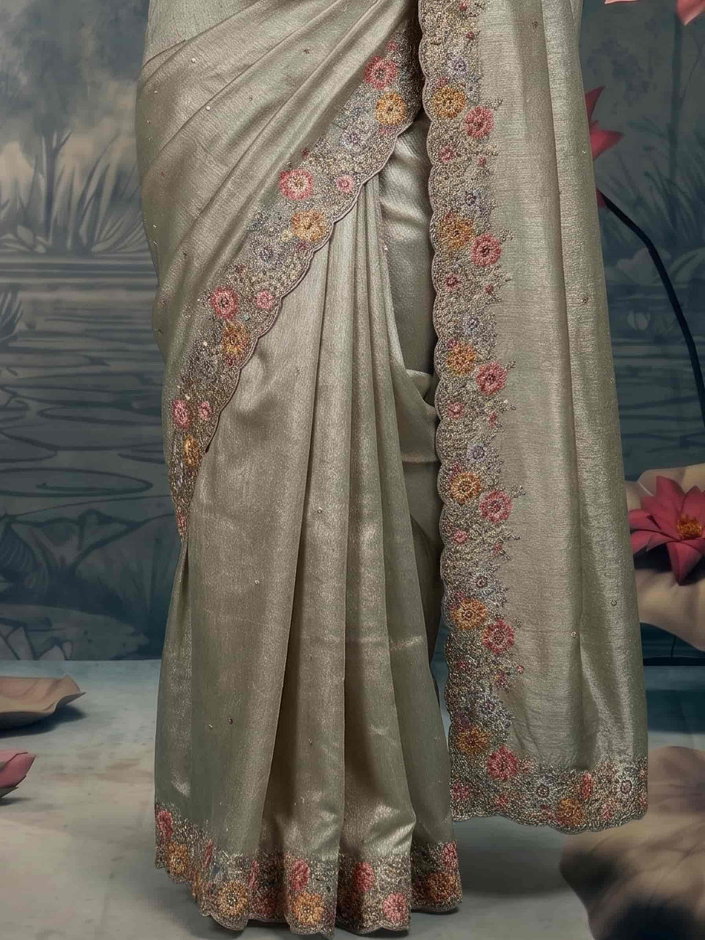 Sage Green Zari Tissue Silk Floral Embroidered Premium Saree with Unstitched Blouse