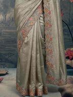 Sage Green Zari Tissue Silk Floral Embroidered Premium Saree with Unstitched Blouse