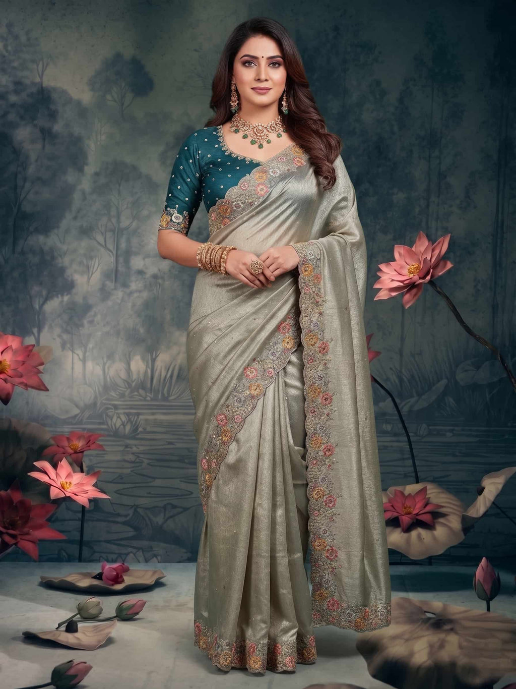 Sage Green Zari Tissue Silk Floral Embroidered Premium Saree with Unstitched Blouse