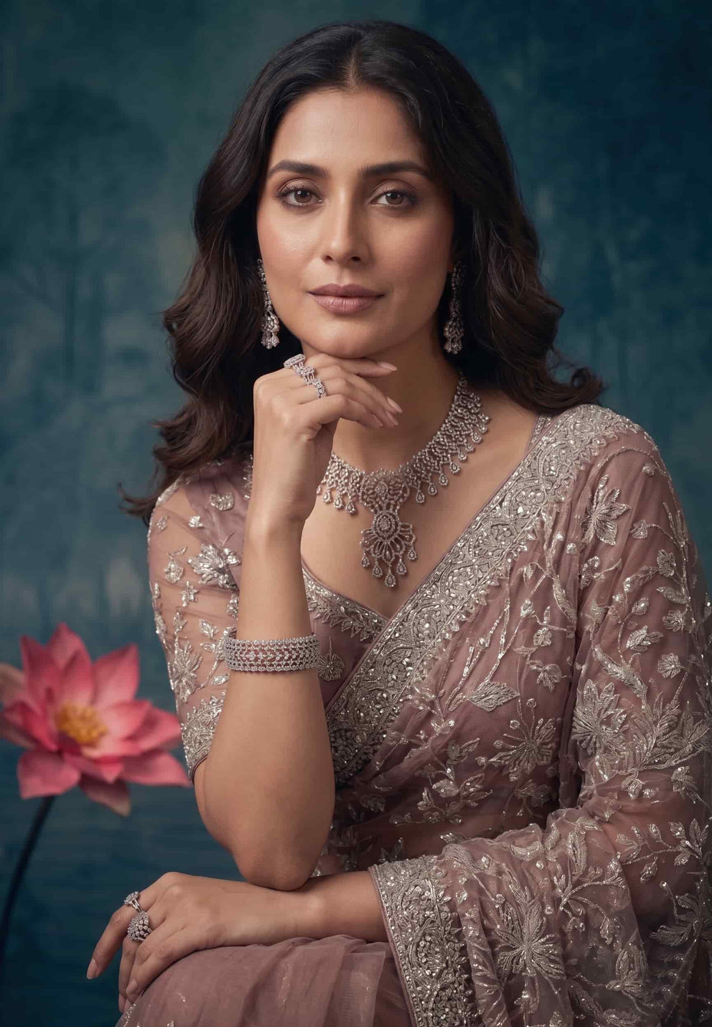 Dusty Mauve Tissue Silk Zardosi Embroidered Premium Saree with Unstitched Blouse