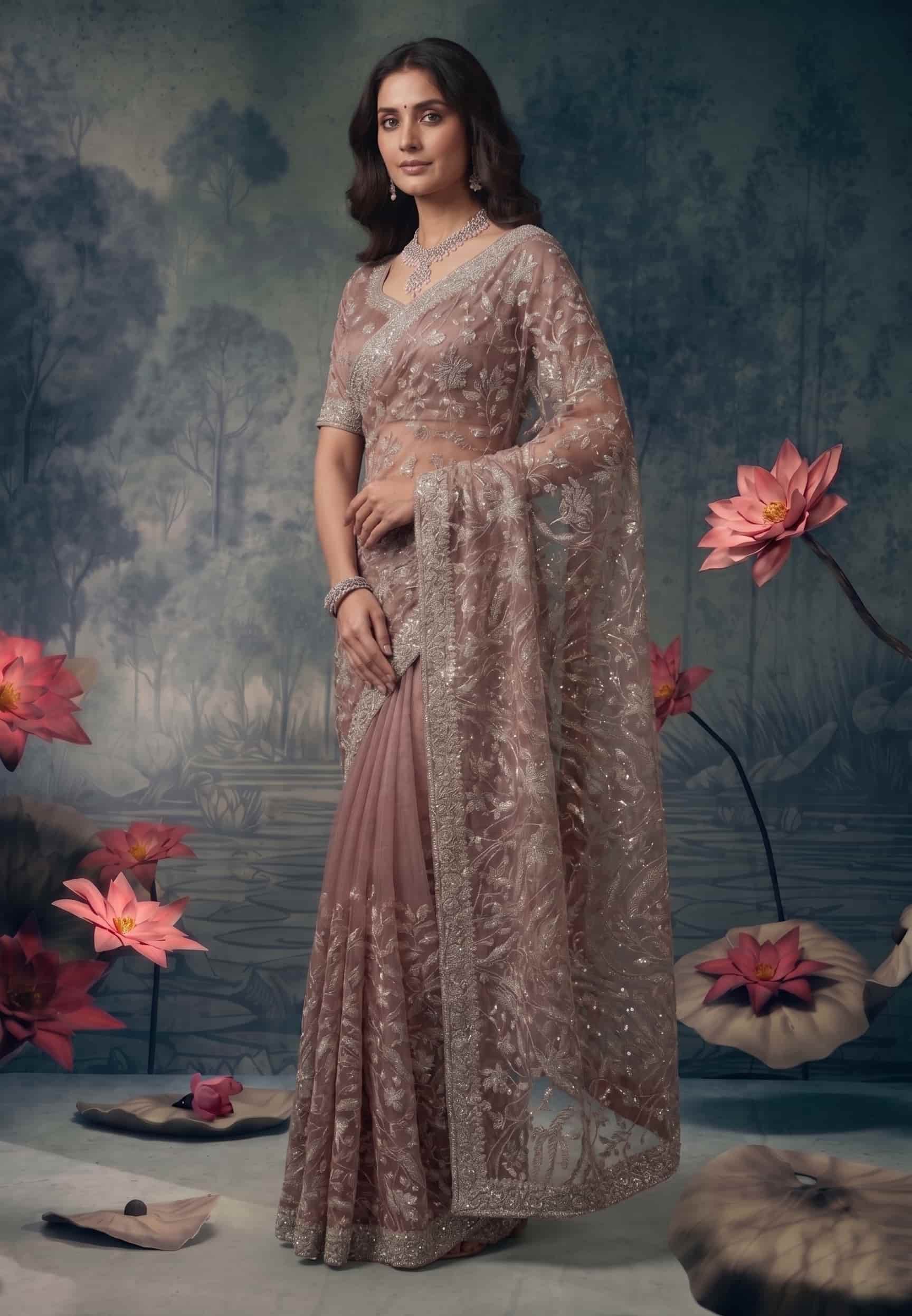 Dusty Mauve Tissue Silk Zardosi Embroidered Premium Saree with Unstitched Blouse