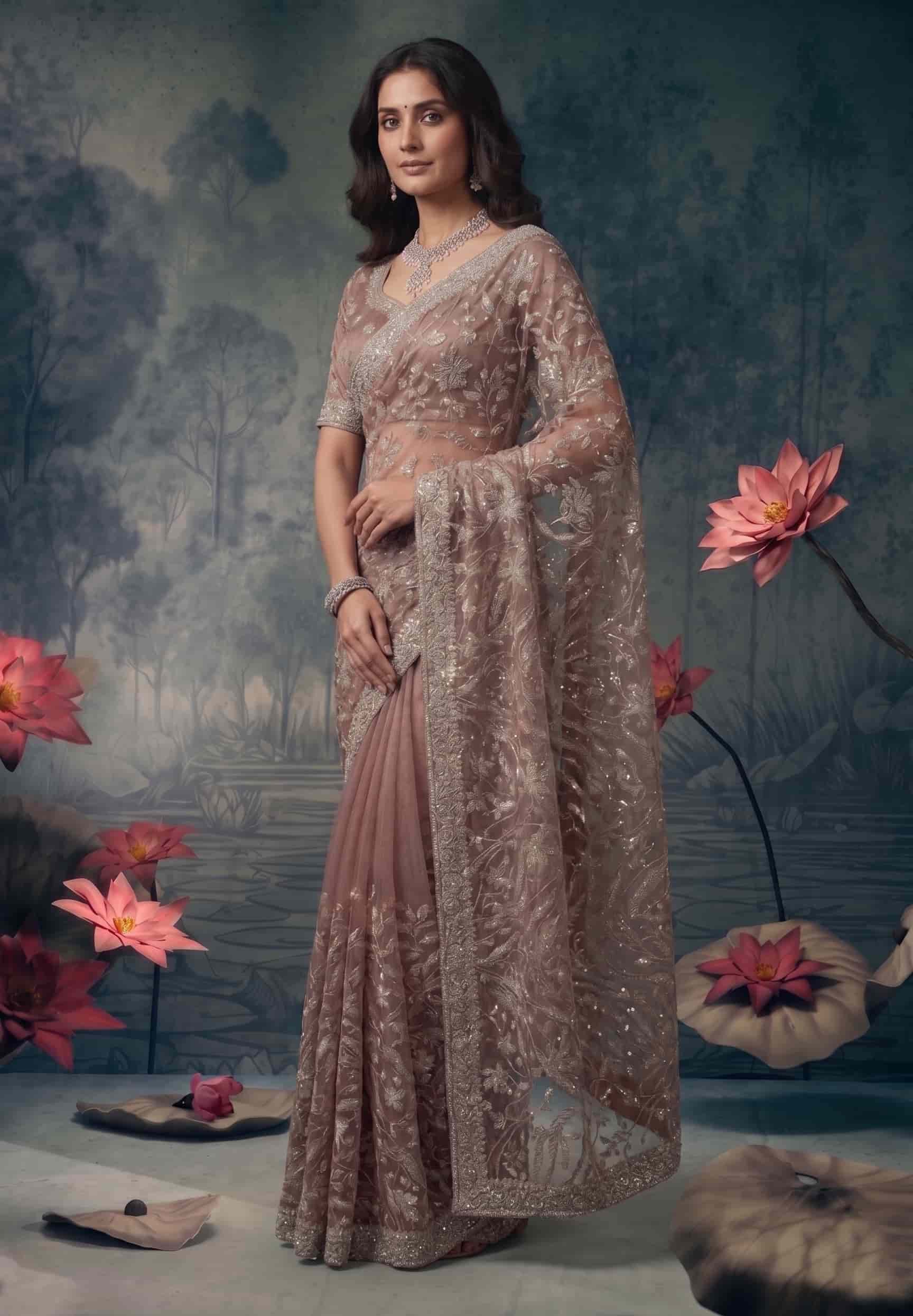 Dusty Mauve Tissue Silk Zardosi Embroidered Premium Saree with Unstitched Blouse