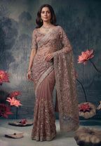 Dusty Mauve Tissue Silk Zardosi Embroidered Premium Saree with Unstitched Blouse