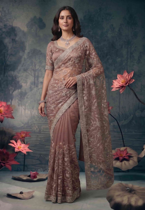 Pink Satin Silk 3D Floral Embroidered Saree