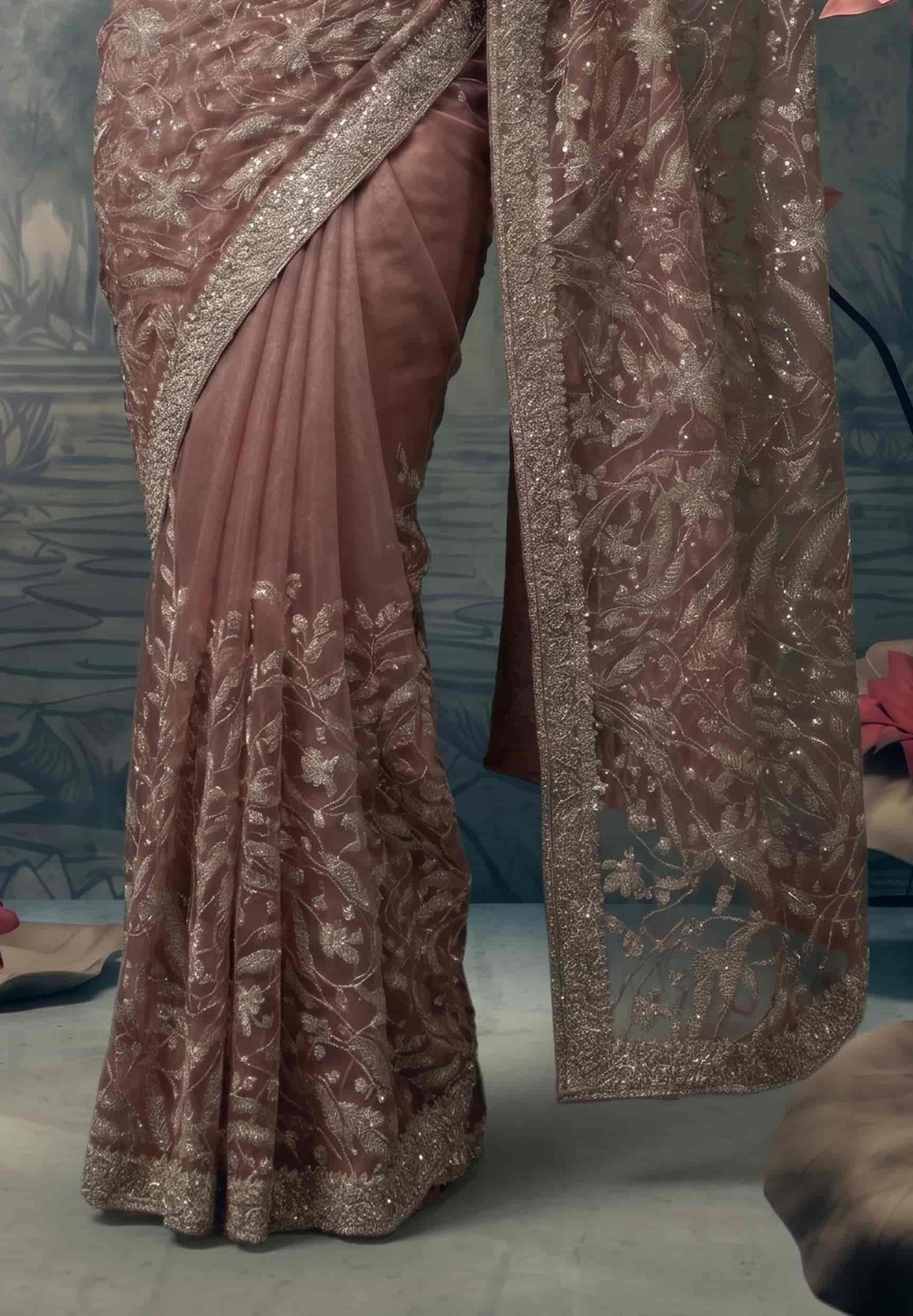 Dusty Mauve Tissue Silk Zardosi Embroidered Premium Saree with Unstitched Blouse