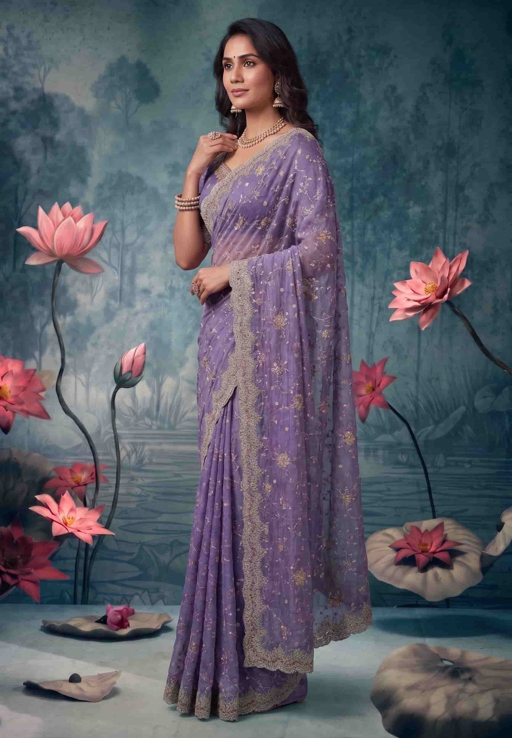 Lavender Tissue Silk Zari Cutwork Embroidered Saree