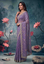 Lavender Tissue Silk Zari Cutwork Embroidered Saree