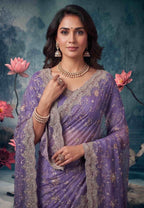 Lavender Tissue Silk Zari Cutwork Embroidered Saree