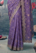 Lavender Tissue Silk Zari Cutwork Embroidered Saree