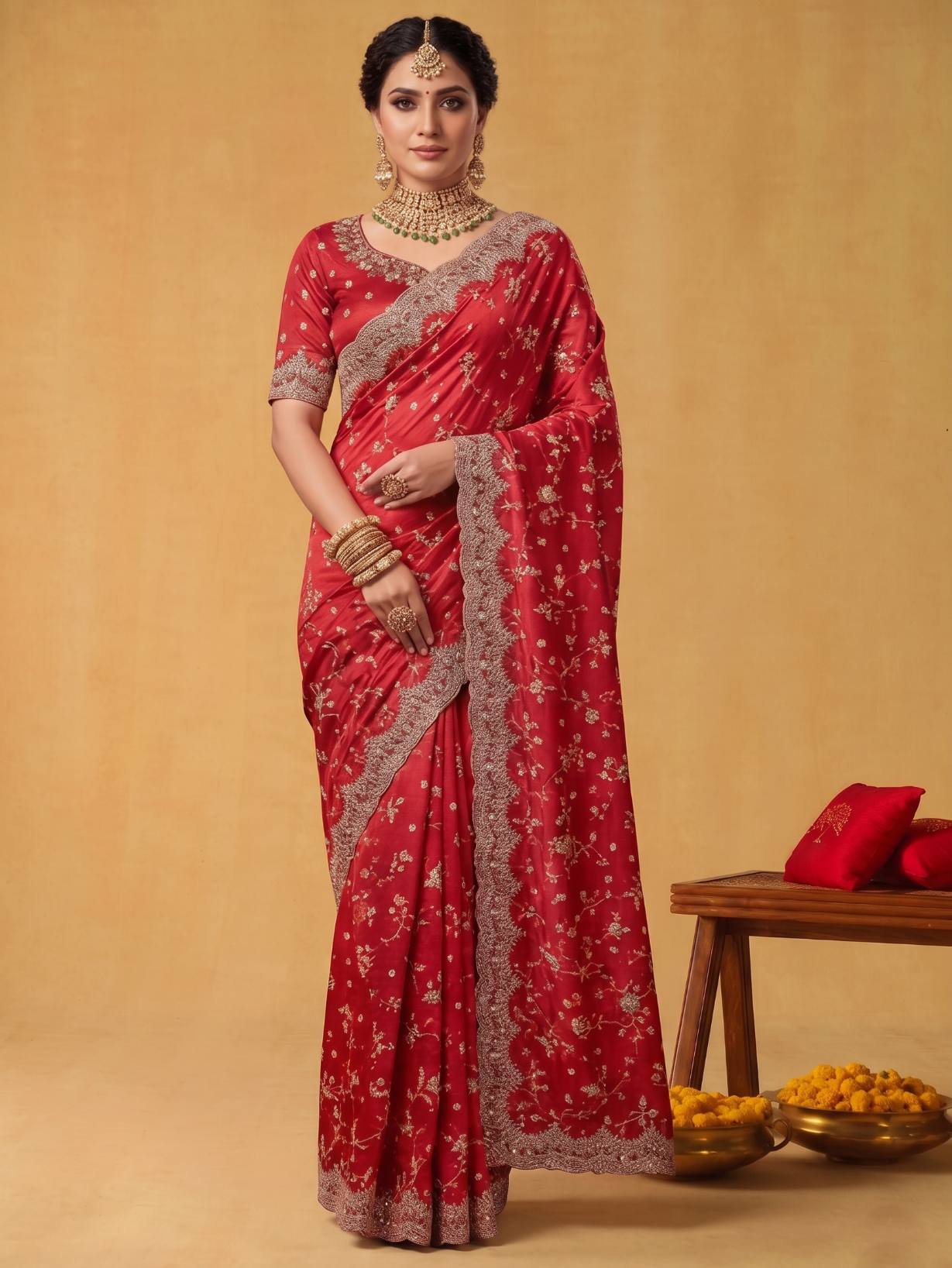 Crimson Red Two Tone Satin Silk Saree with Scallop Sequins Jaal Embroidery - Detail View 2
