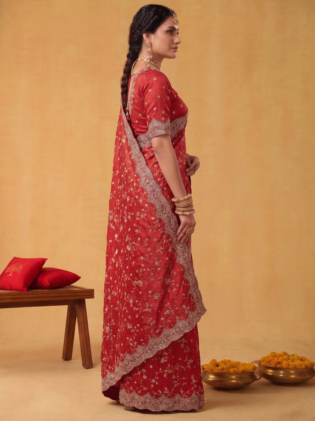 Crimson Red Two Tone Satin Silk Saree with Scallop Sequins Jaal Embroidery - Detail View 3