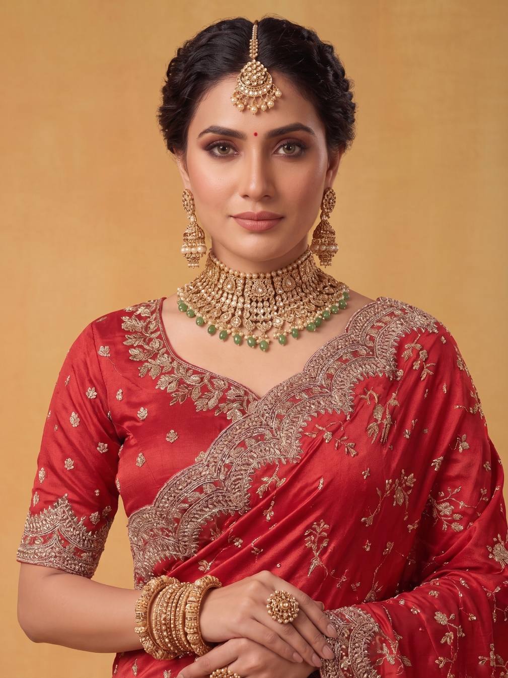 Crimson Red Two Tone Satin Silk Saree with Scallop Sequins Jaal Embroidery - Detail View 4