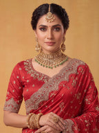 Crimson Red Two Tone Satin Silk Saree with Scallop Sequins Jaal Embroidery - Detail View 4