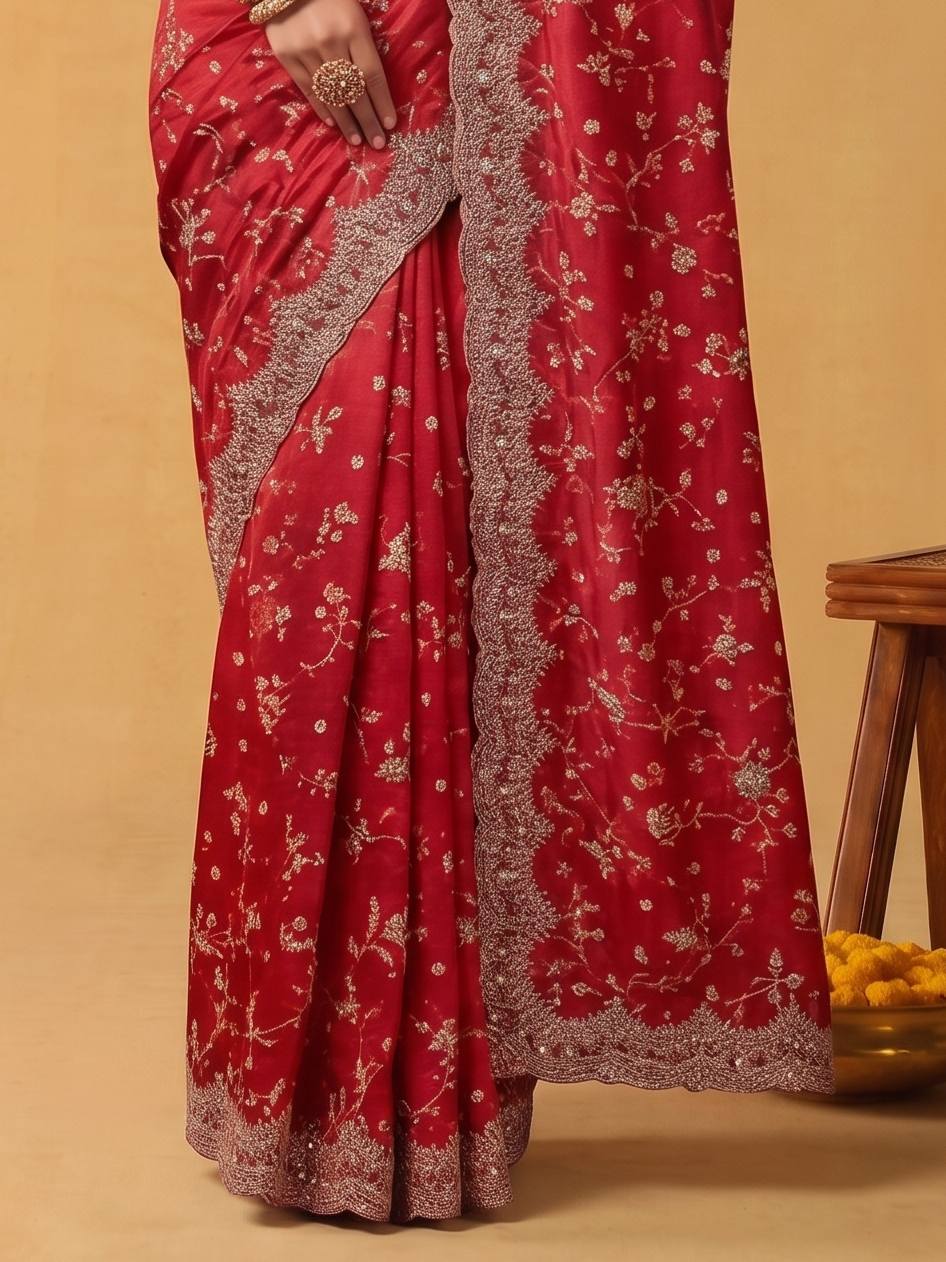 Crimson Red Two Tone Satin Silk Saree with Scallop Sequins Jaal Embroidery - Detail View 5