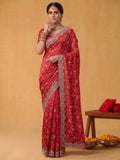 Crimson Red Two Tone Satin Silk Saree with Scallop Sequins Jaal Embroidery