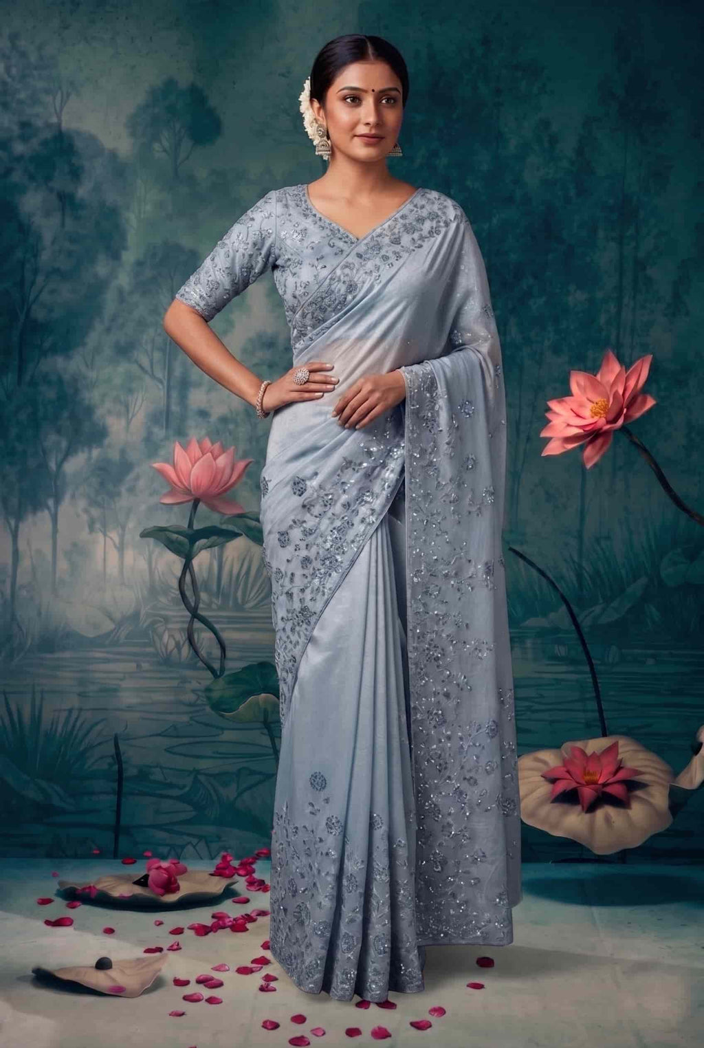 Ice Blue Organza Tissue Silk Floral Embroidered Premium Saree with Unstitched Blouse