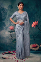 Ice Blue Organza Tissue Silk Floral Embroidered Premium Saree with Unstitched Blouse