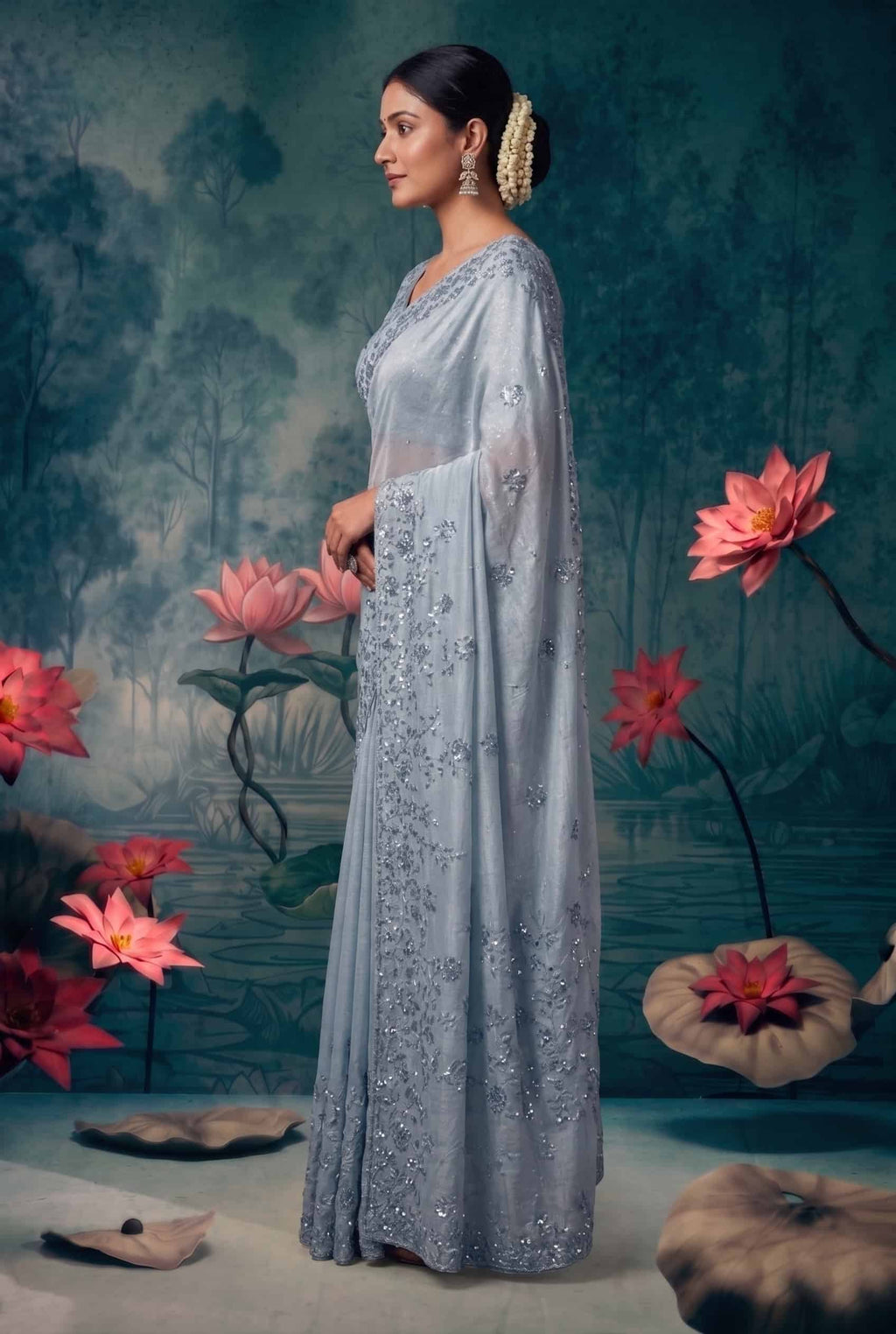 Ice Blue Organza Tissue Silk Floral Embroidered Premium Saree with Unstitched Blouse