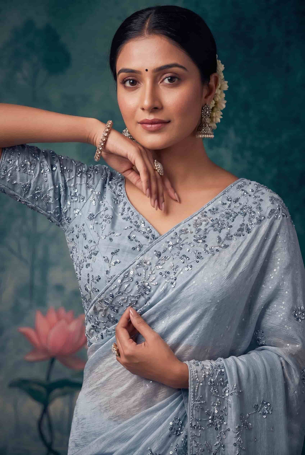 Ice Blue Organza Tissue Silk Floral Embroidered Premium Saree with Unstitched Blouse