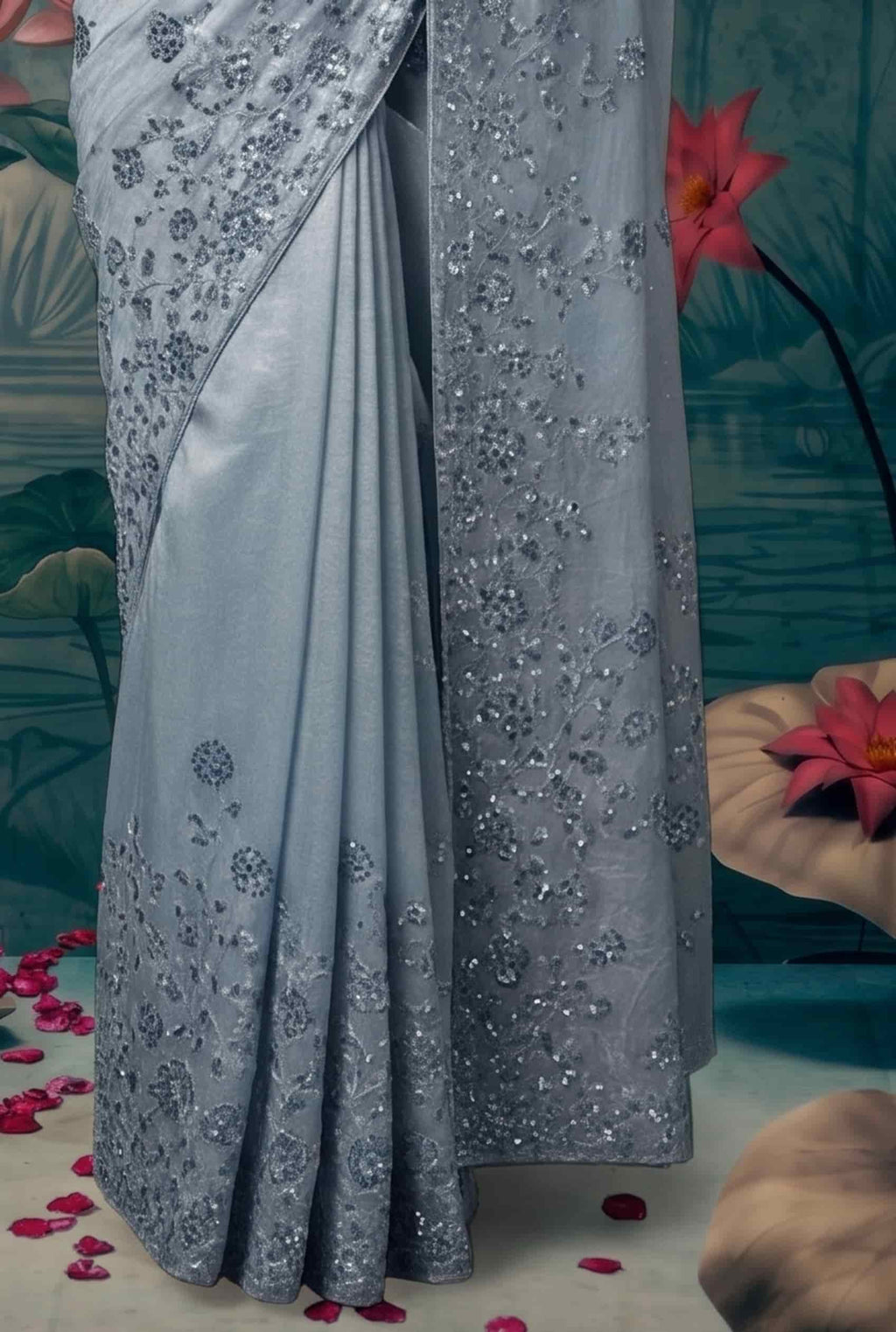 Ice Blue Organza Tissue Silk Floral Embroidered Premium Saree with Unstitched Blouse