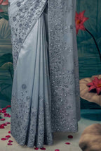 Ice Blue Organza Tissue Silk Floral Embroidered Premium Saree with Unstitched Blouse