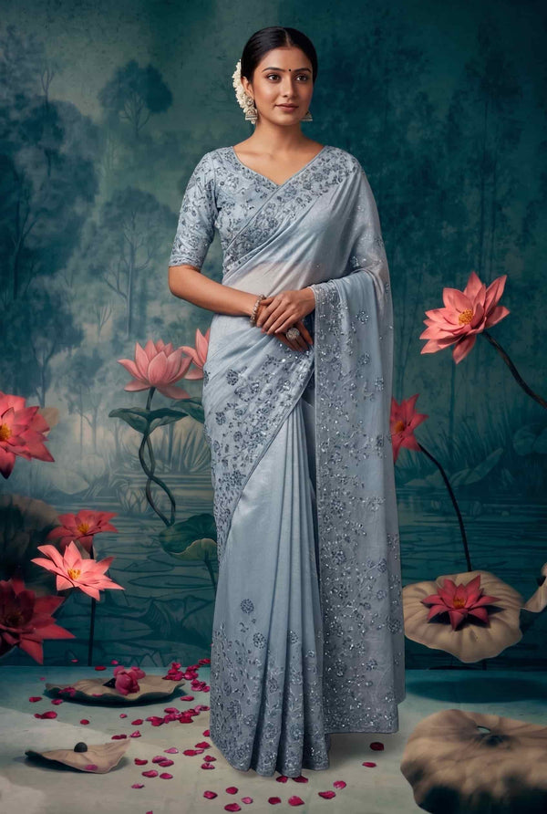 Ice Blue Organza Tissue Silk Floral Embroidered Premium Saree with Unstitched Blouse