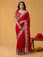 Scarlet Red Soft Satin Silk Saree with Multi Aari - Detail View 2