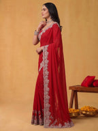 Scarlet Red Soft Satin Silk Saree with Multi Aari - Detail View 3