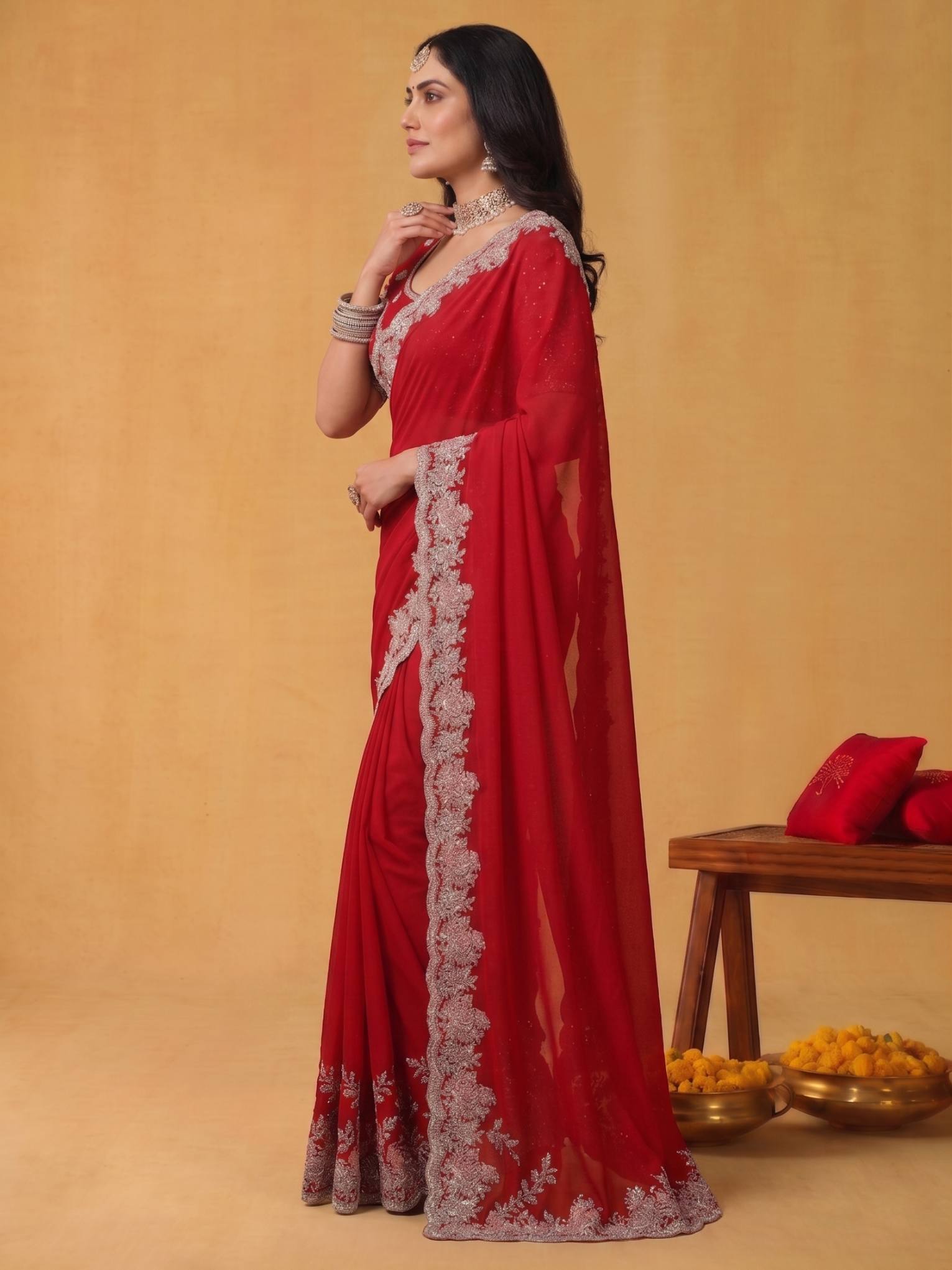Scarlet Red Soft Satin Silk Saree with Multi Aari - Detail View 3