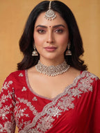 Scarlet Red Soft Satin Silk Saree with Multi Aari - Detail View 4
