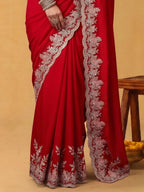 Scarlet Red Soft Satin Silk Saree with Multi Aari - Detail View 5