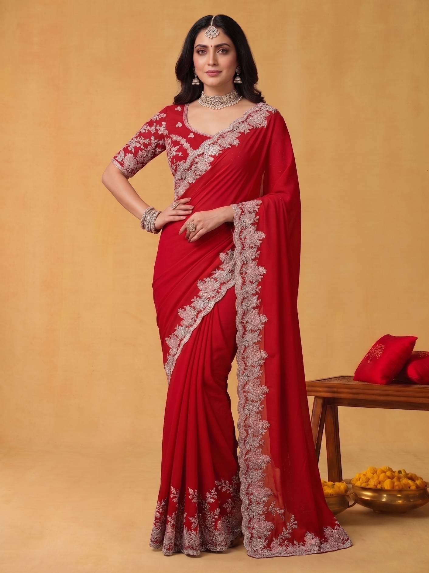 Scarlet Red Soft Satin Silk Saree with Multi Aari - Front View